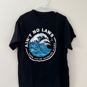 Claw’s Beverage Black Graphic T-Shirt with Blue Wave Design